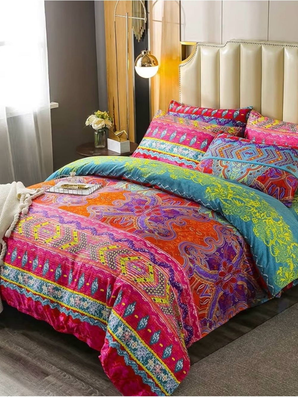 Vibrant Multicolor Bohemian Duvet Cover Set -Pink, Orange, Blue, Green